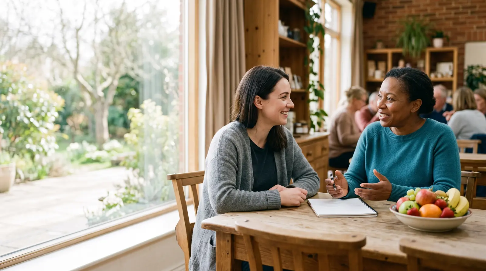 A nutritionist talking with a client across a table in a bright, calm room, both relaxed