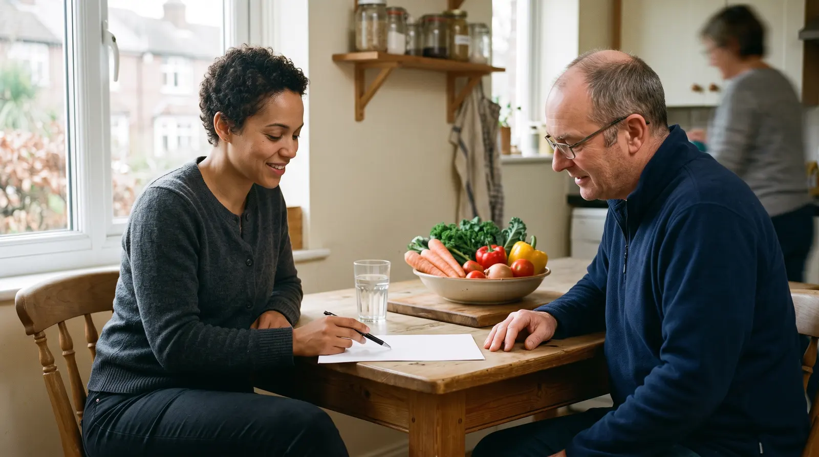 A nutritionist making notes at a desk with a bowl of fresh fruit nearby, warm daylight