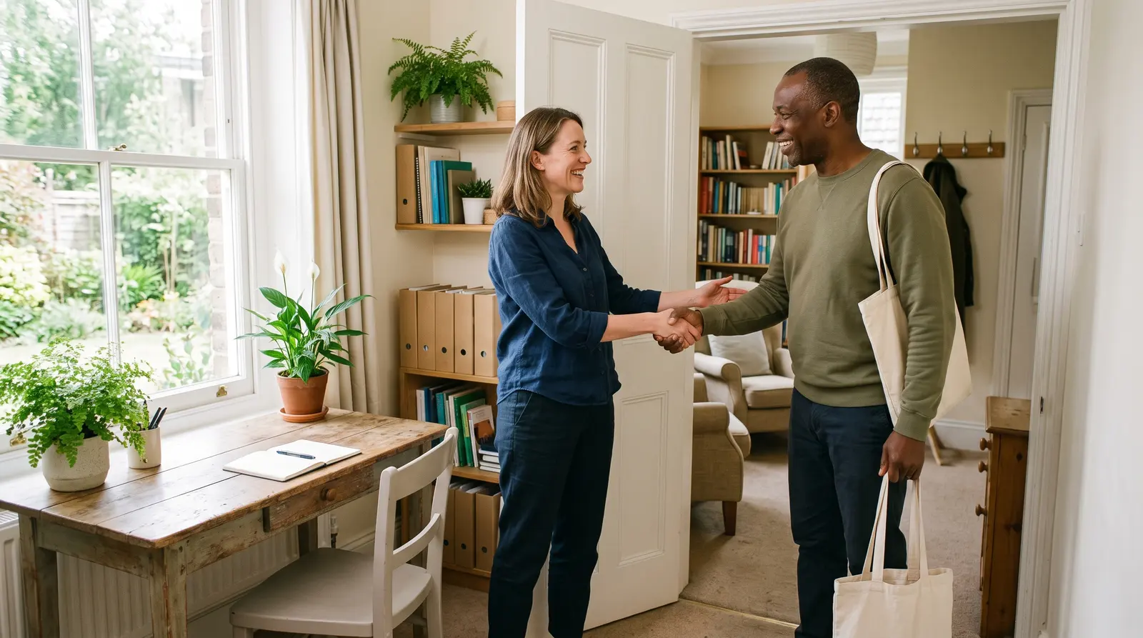 A nutritionist welcoming a returning client with a friendly greeting