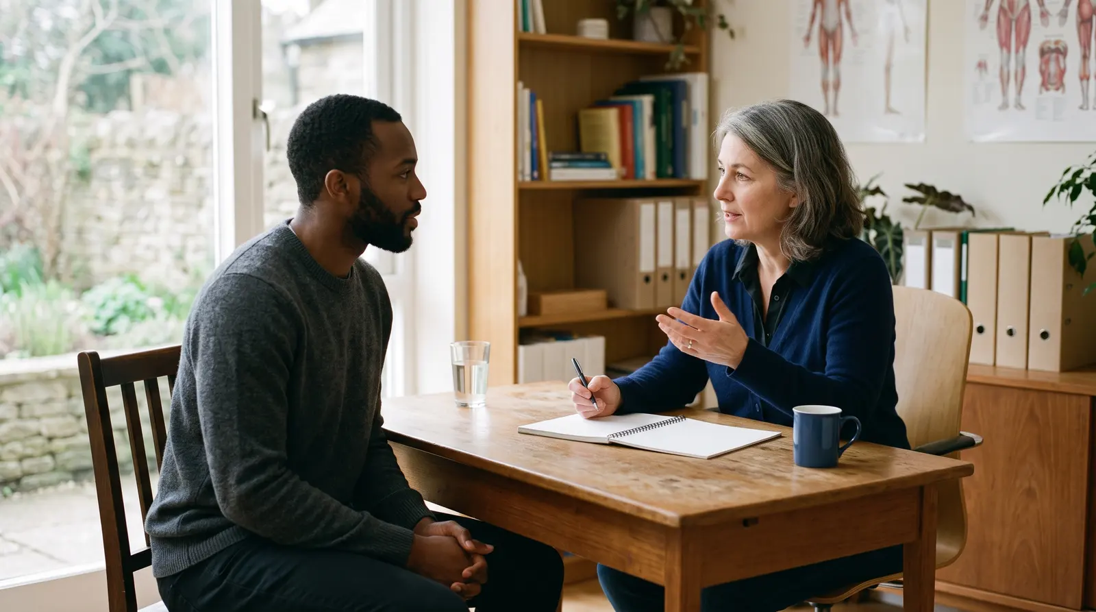 An osteopath talking through an assessment with a new client at a small table
