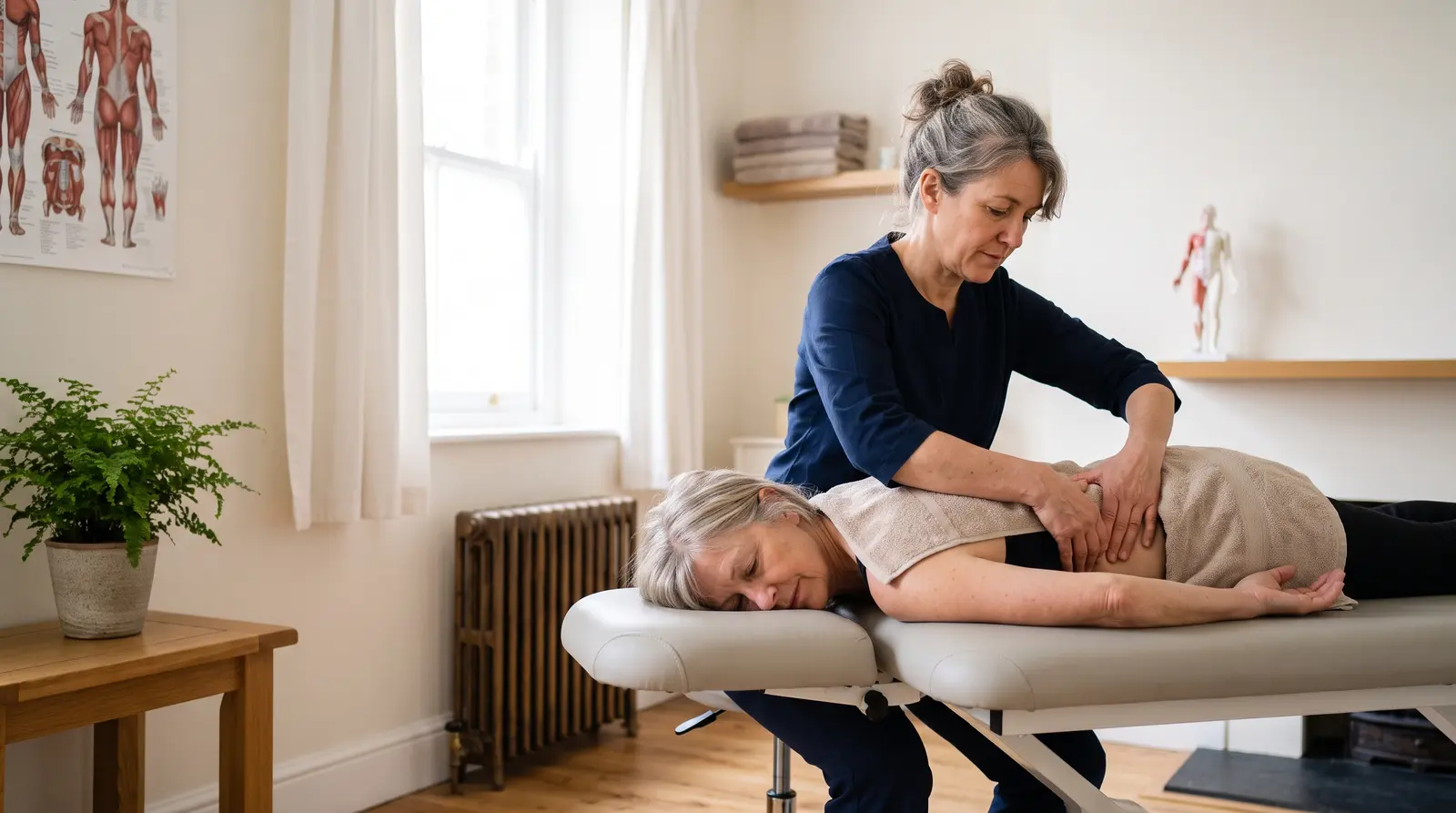 An osteopath treating a client’s back on a treatment couch in a calm, bright clinic room