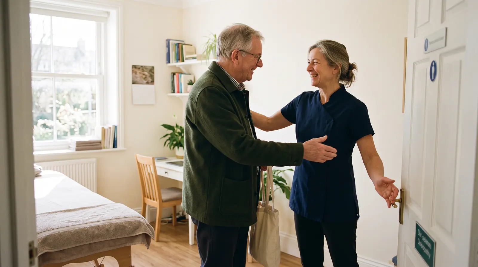 An osteopath welcoming a returning client into a bright clinic room