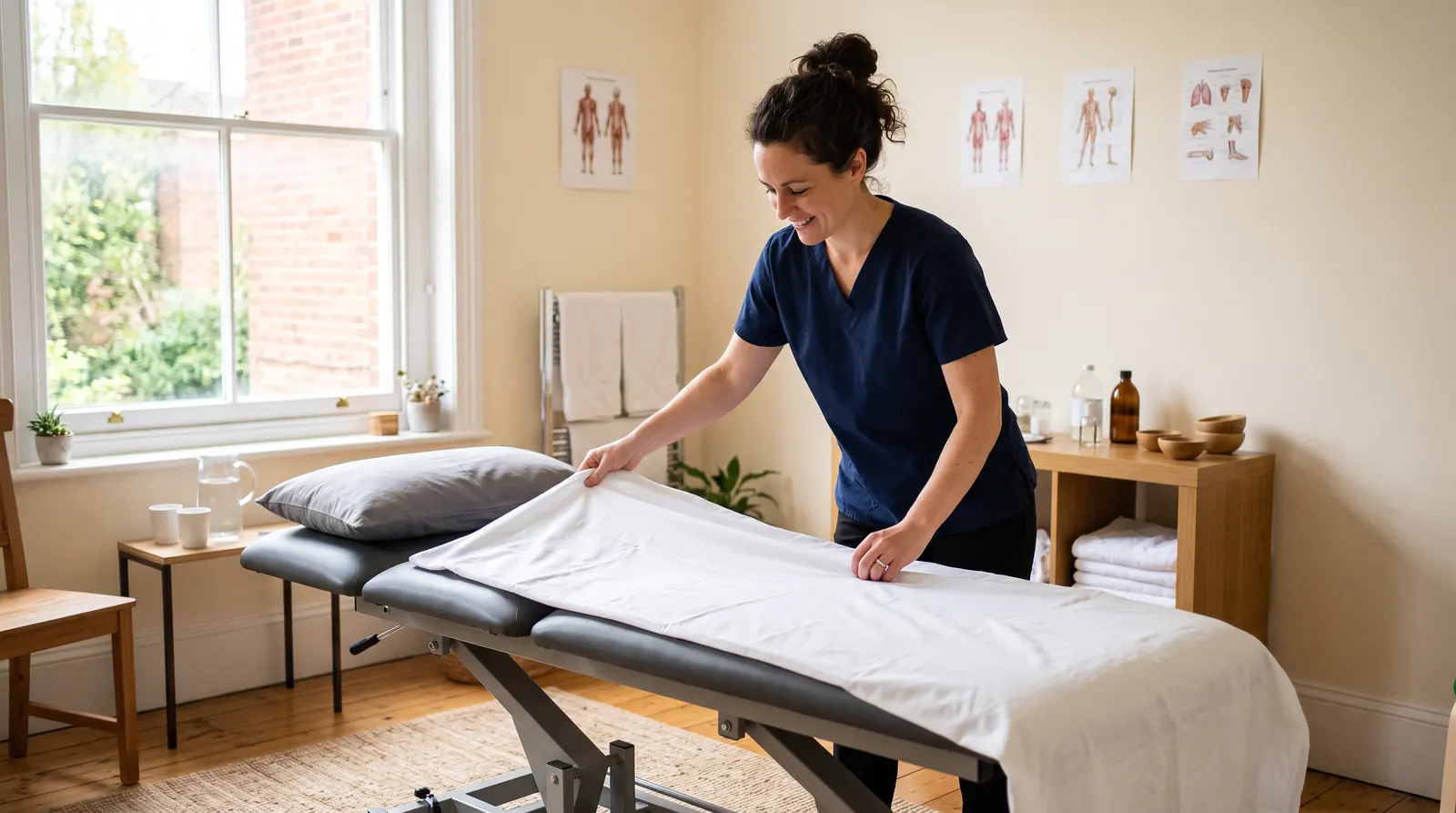 An osteopath preparing a treatment couch in a tidy, bright clinic room