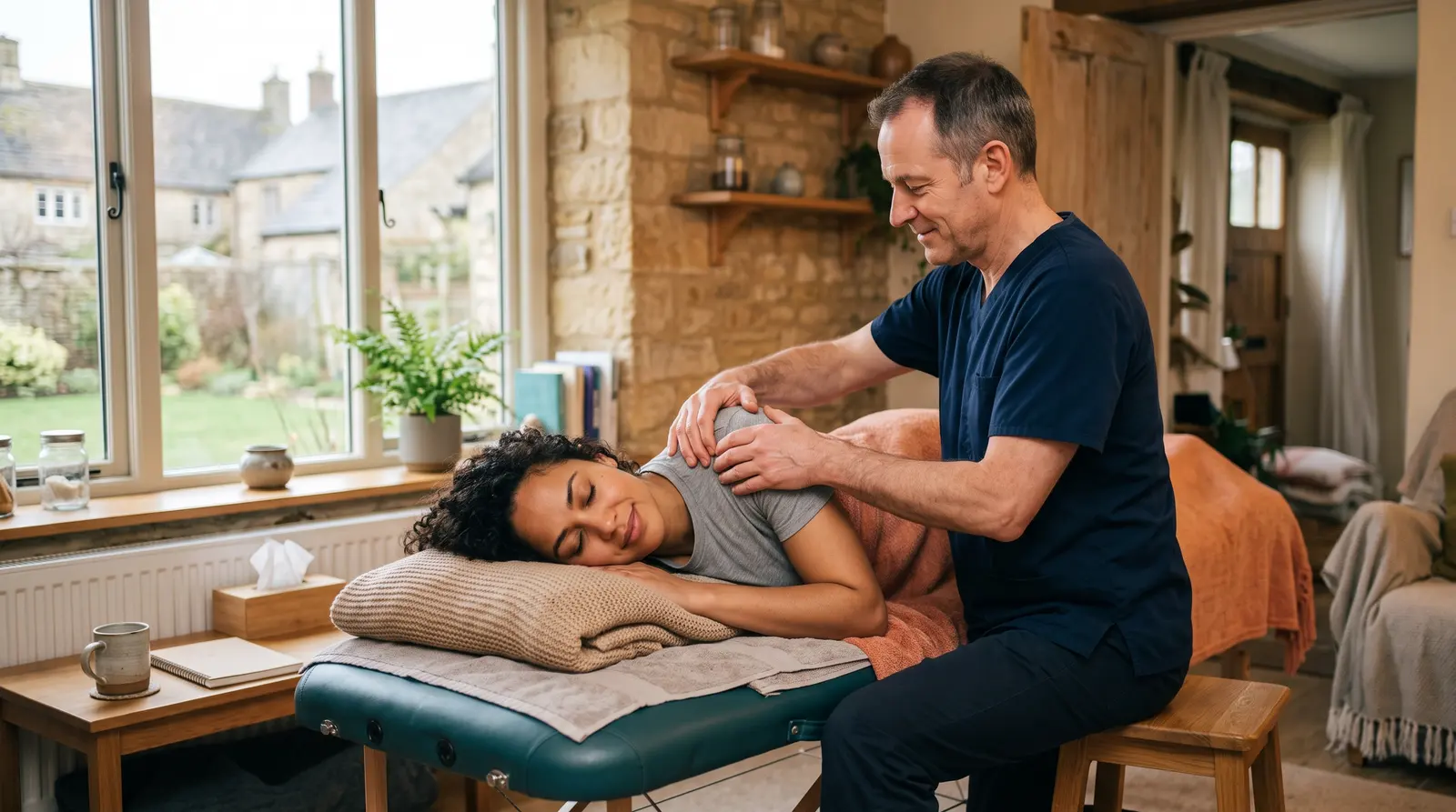 An osteopath working gently on a client’s shoulder on a couch in a warm clinic room