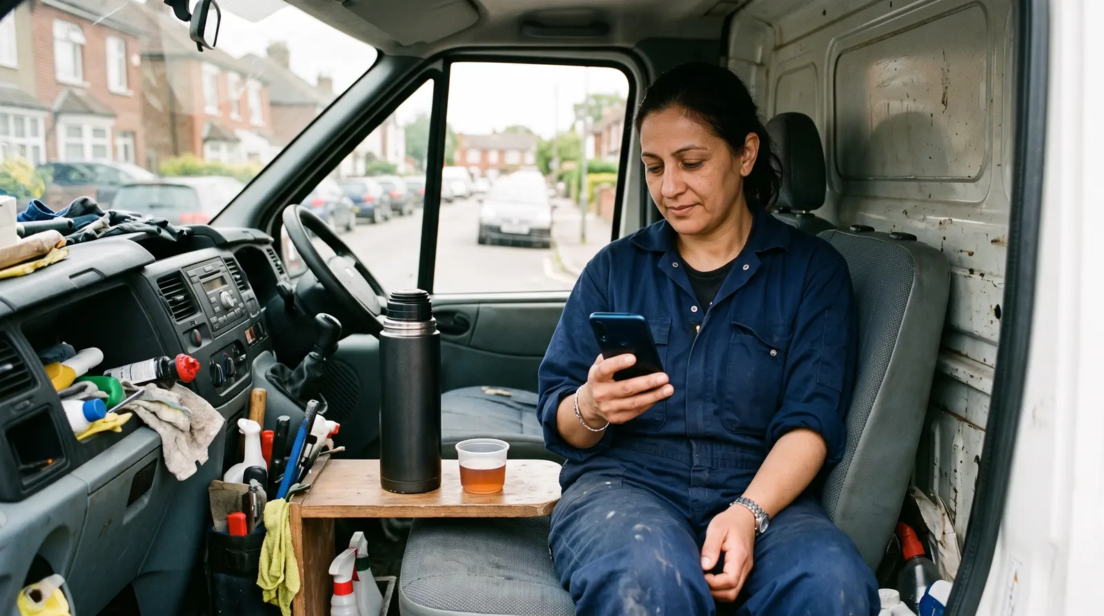 An oven cleaner in his van checking his phone with a coffee between jobs