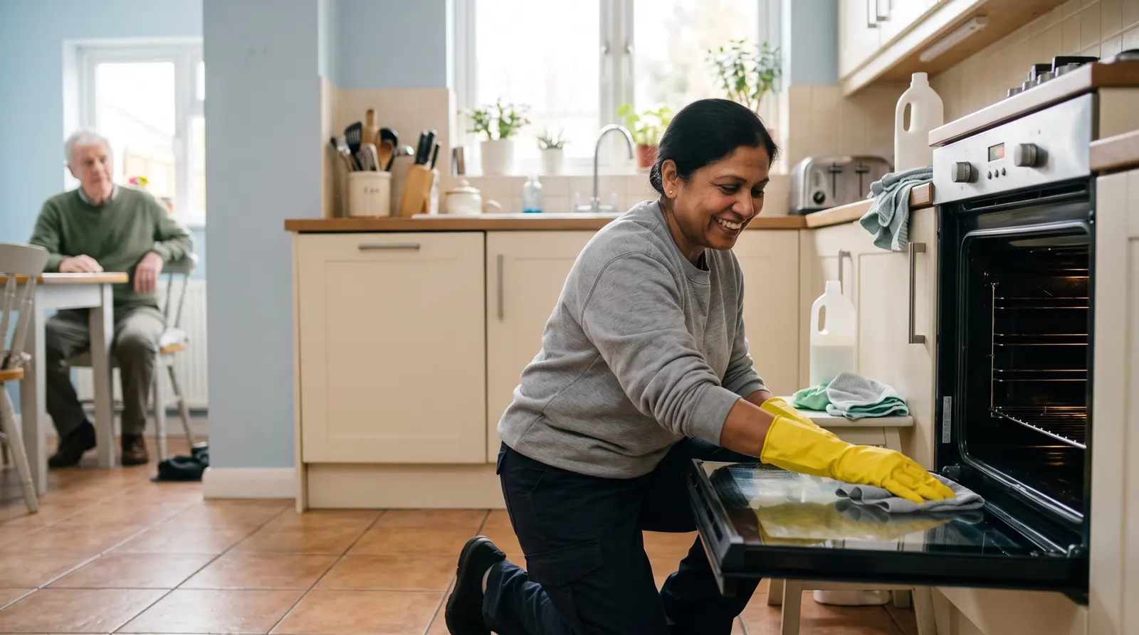 An oven cleaner finishing a deep clean of an oven in a bright UK kitchen