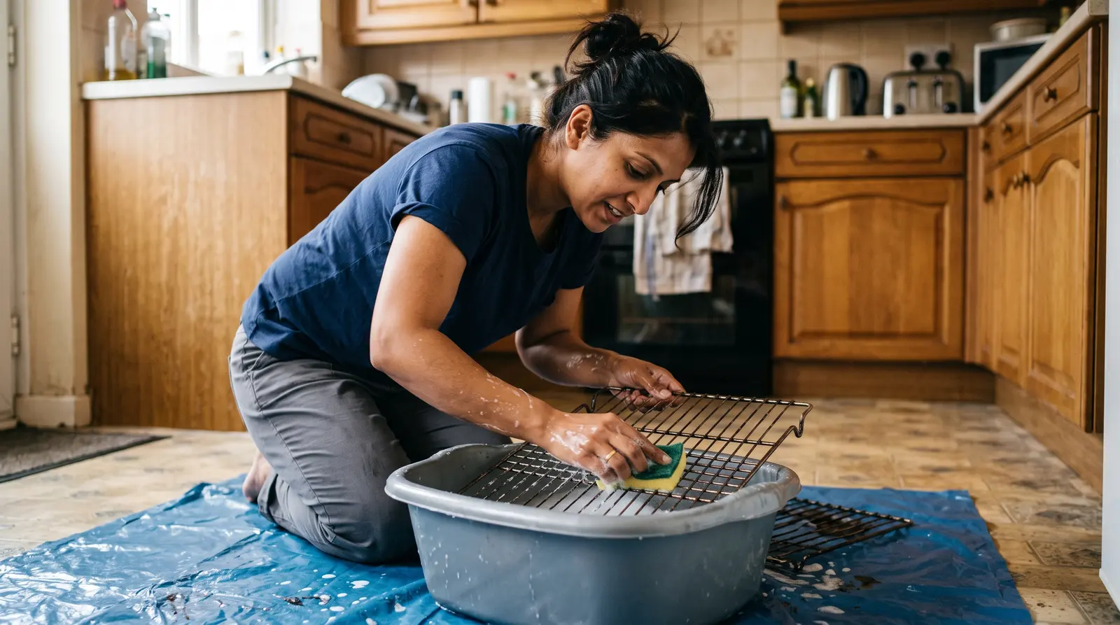 An oven cleaner carefully cleaning the inside of an oven door, gloves on