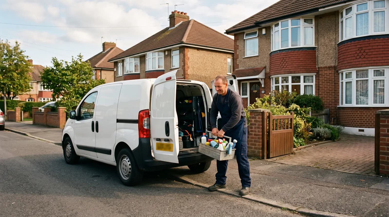 A plain white van parked on a quiet UK residential street