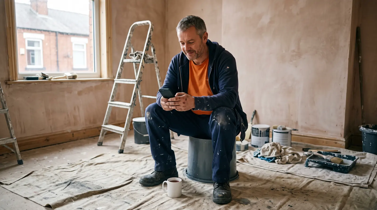 A decorator on a break checking his phone, a paint roller and tin beside him, screen not visible