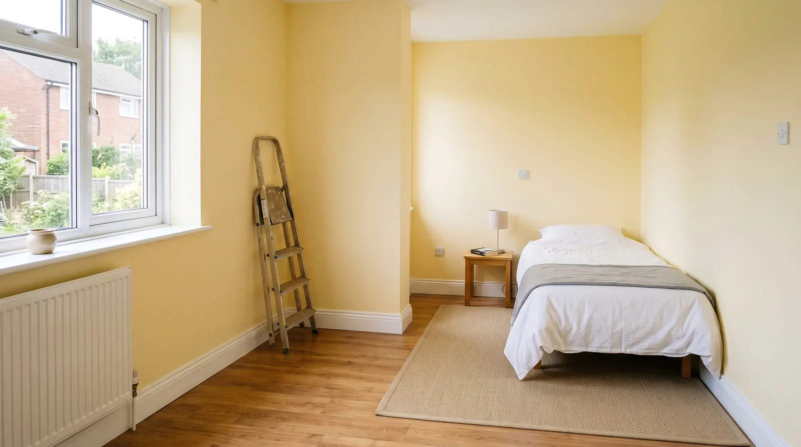 A freshly painted room in warm light with clean edges and a tidy finish, nobody in the picture