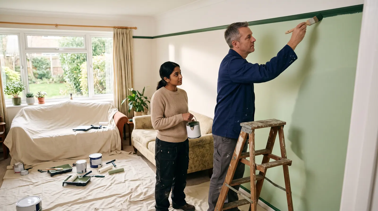 A decorator cutting in a clean edge along a wall with a brush in a bright room being repainted