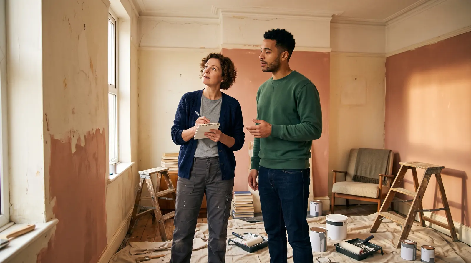 A decorator talking with a homeowner in a room to be painted, looking at the walls and making notes