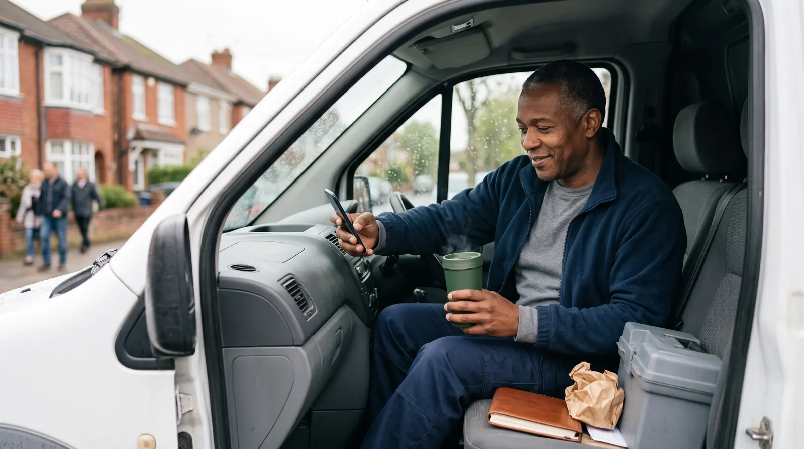 A pest control technician in his van between jobs checking his phone with a coffee
