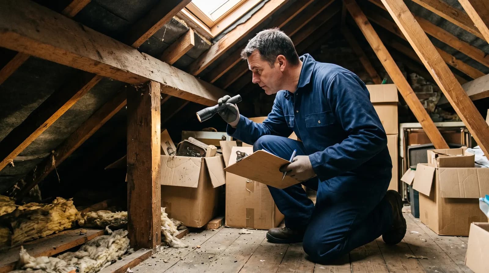 A pest control technician inspecting a loft space with a torch