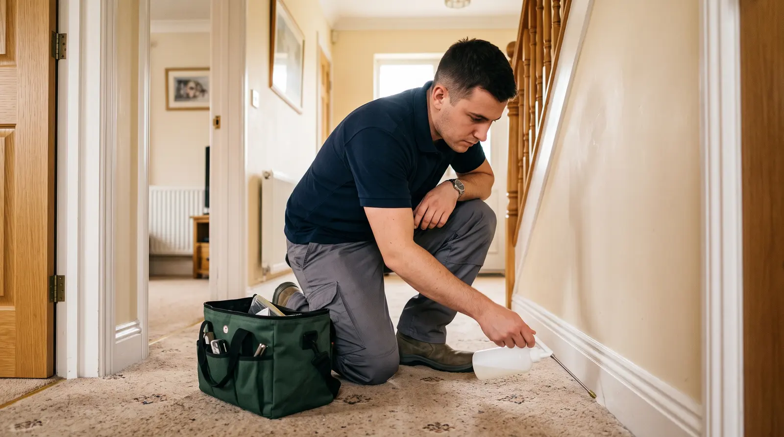 A pest control technician setting a discreet bait station in the corner of a utility room