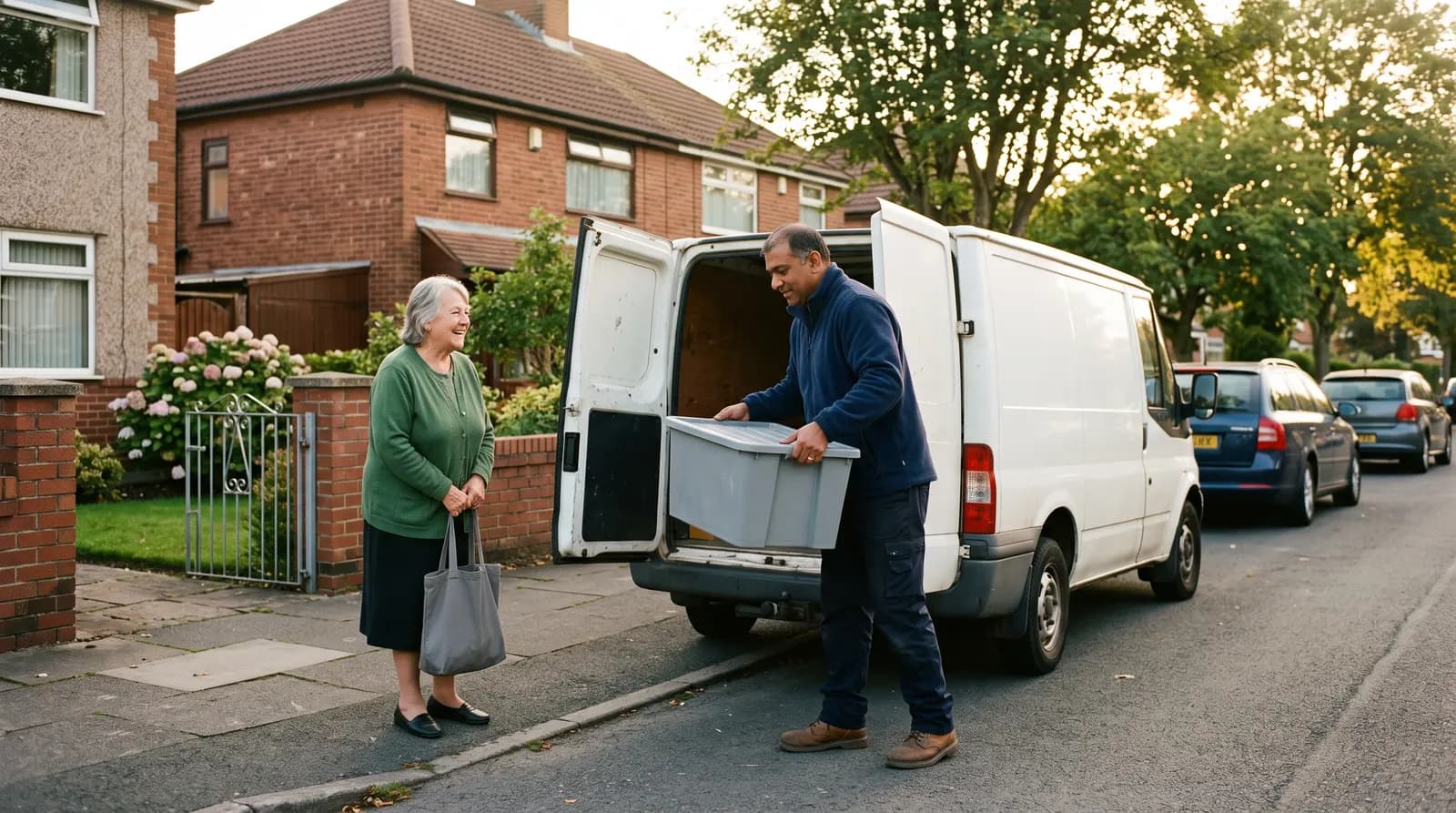 A plain white van outside a UK house, a technician lifting a case of equipment from the back