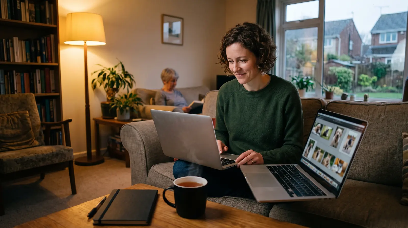 A pet photographer on the sofa in the evening editing photos of a dog on a laptop with a cup of tea