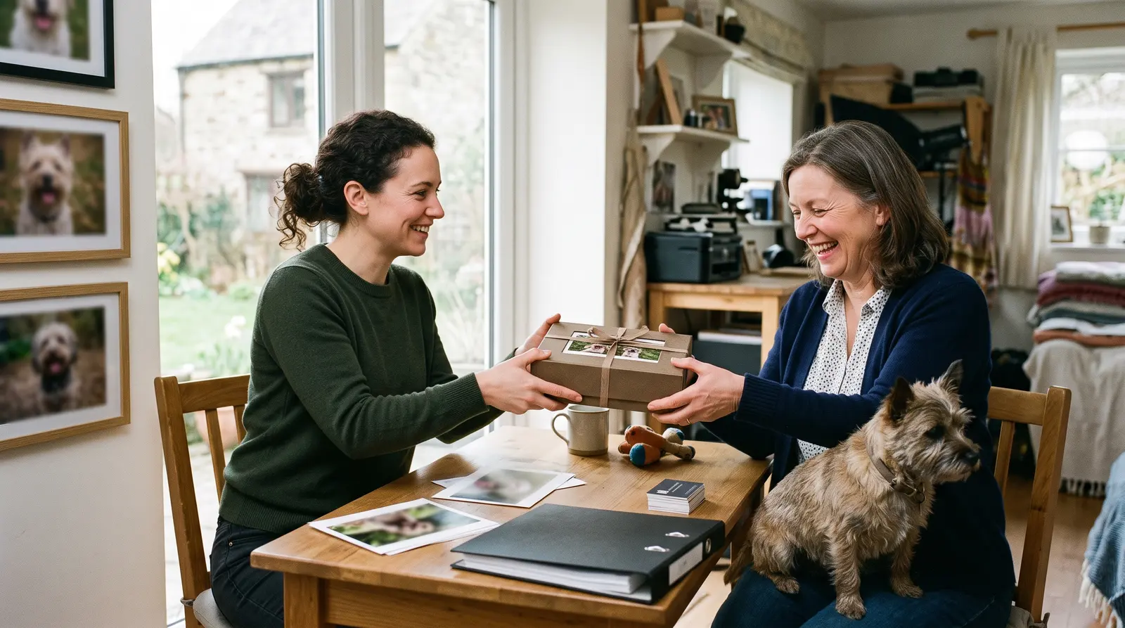 A pet photographer at her desk handing over a presentation box of framed prints of a family’s dog, pleased with the work
