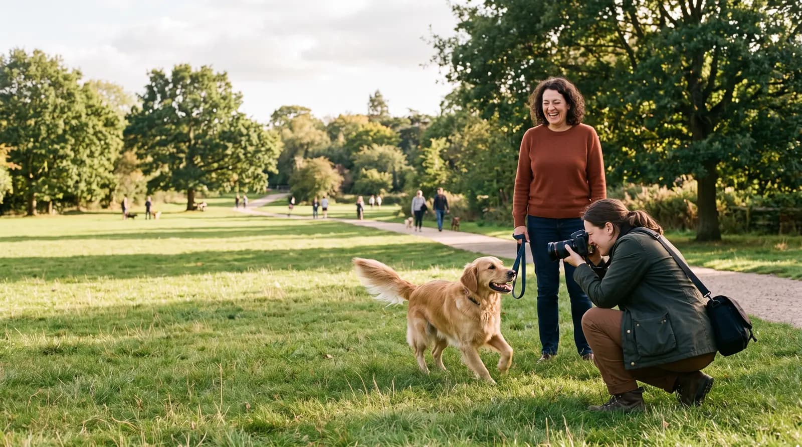 A pet photographer crouching low in a sunlit park to photograph a happy dog mid-play, camera raised and smiling