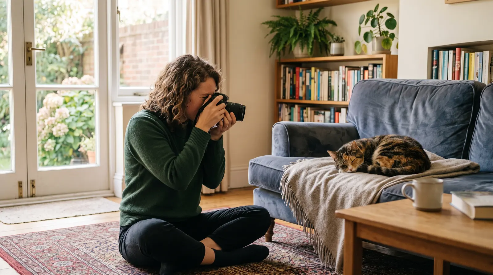 A pet photographer in a bright room settling a nervous cat with a toy before the shoot, her camera resting on one knee