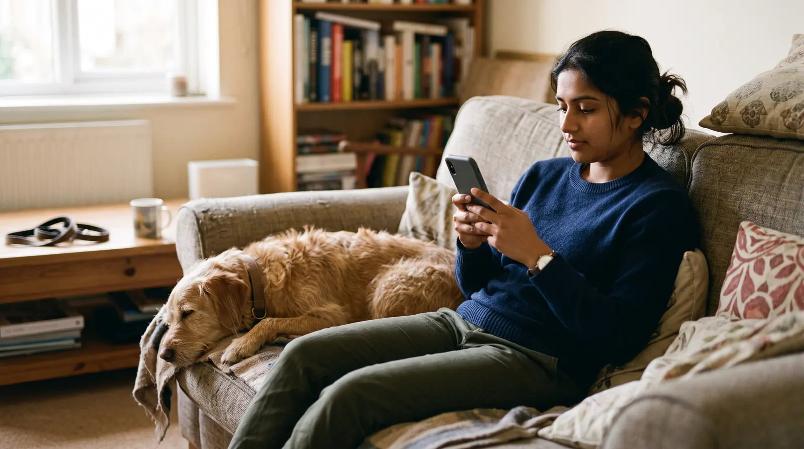 A pet sitter on a sofa with a dog beside her, checking her phone with a cup of tea