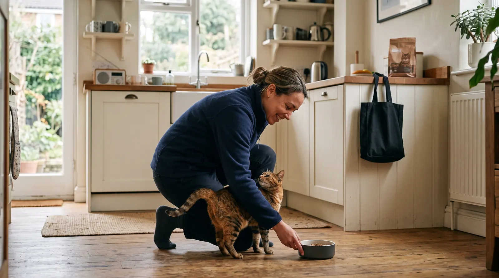 A pet sitter filling a dog’s bowl in a tidy kitchen, the dog waiting eagerly