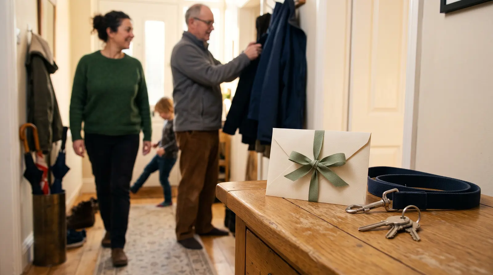 A plain lead, a food bowl and a cream gift envelope tied with ribbon on a kitchen worktop