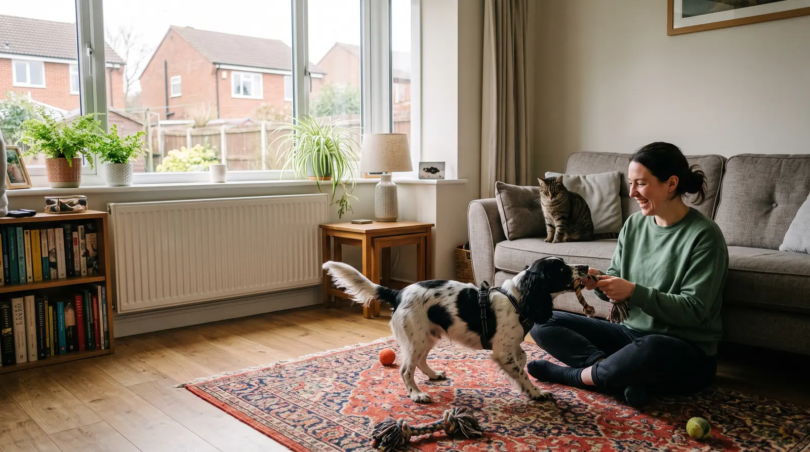 A pet sitter sitting on the floor of a bright living room playing with a happy dog while a cat watches from the sofa