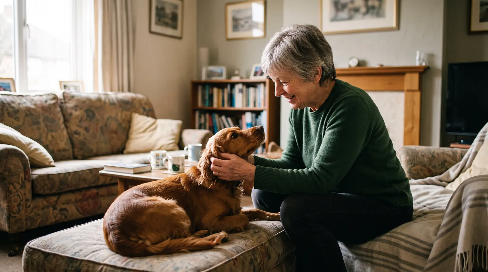 A pet sitter greeting a familiar dog that is delighted to see her at the door