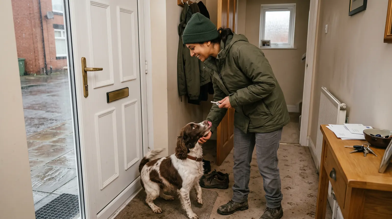 A pet sitter arriving at a client’s front door with a plain bag, let in to look after the pets while the owner is away