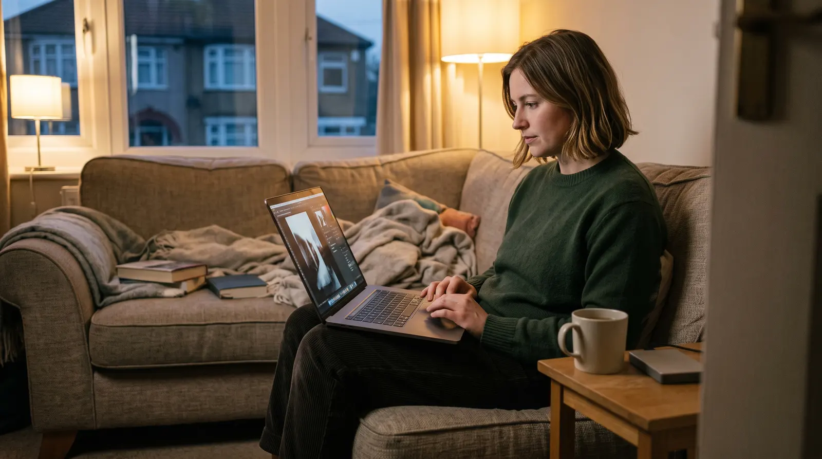 A photographer on the sofa in the evening editing photos on a laptop with a cup of tea