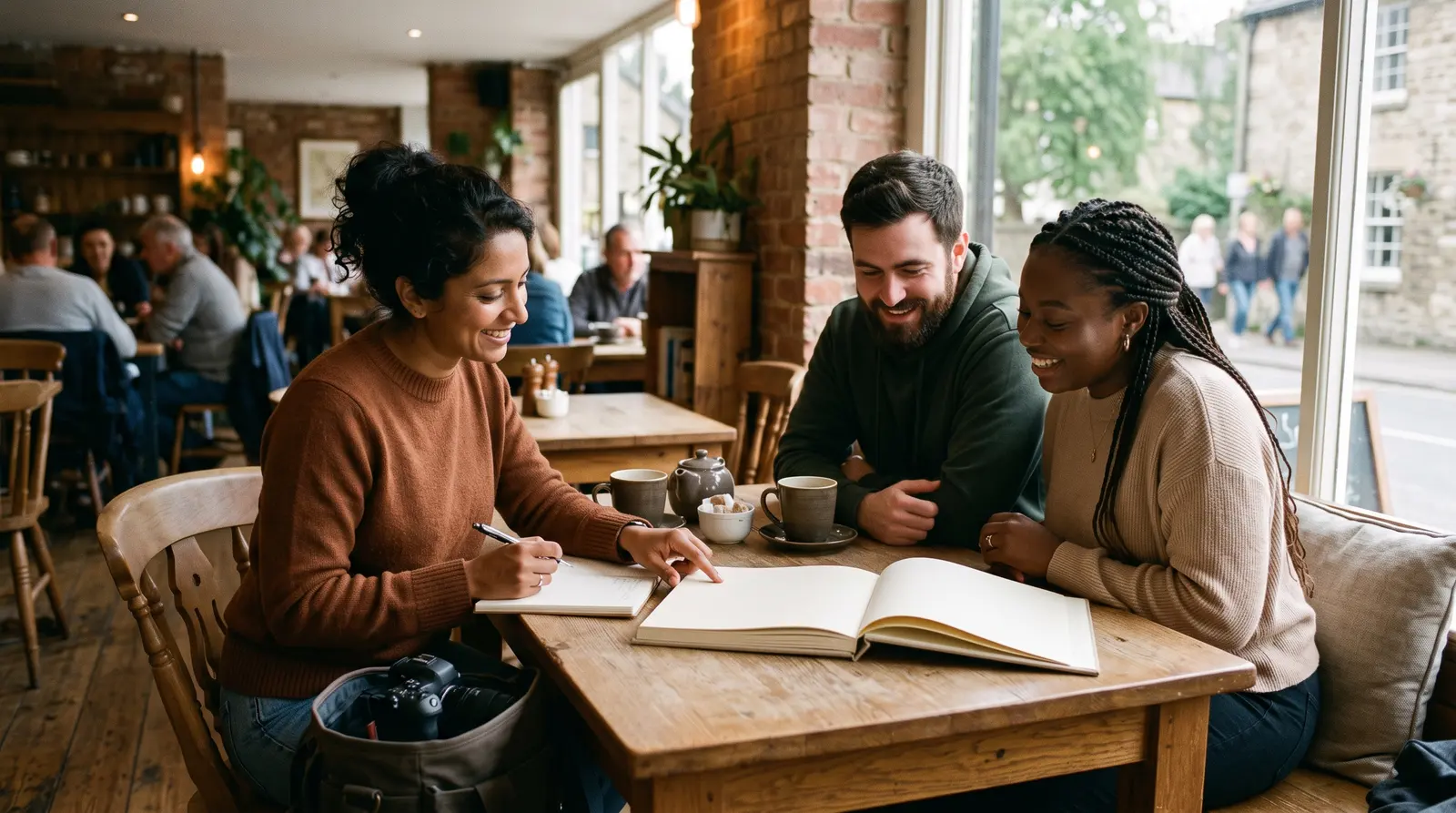 A photographer sitting with a couple at a café table looking through a sample album, planning a shoot