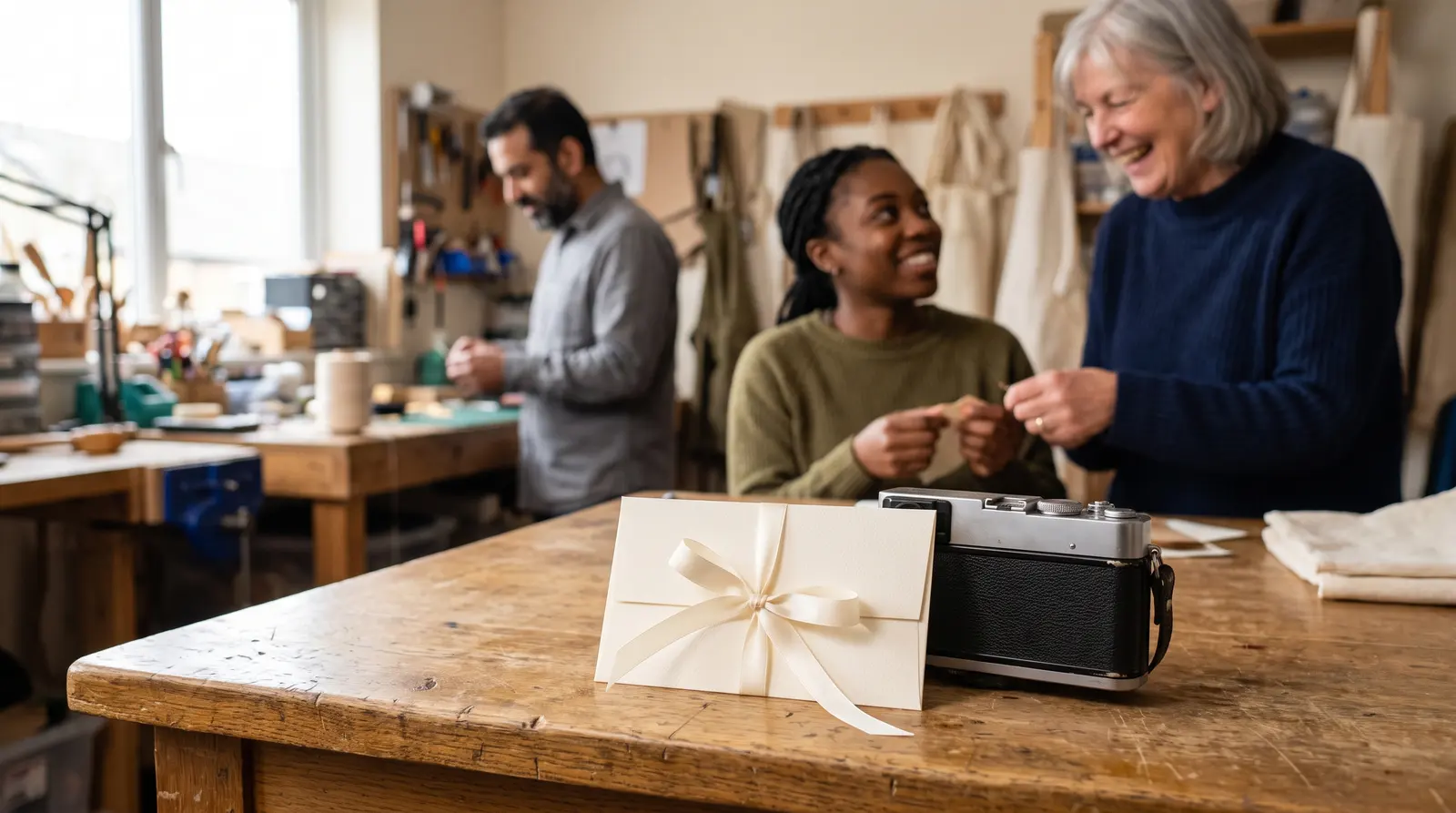 A small cream gift envelope tied with a ribbon lying on a wooden desk beside a camera