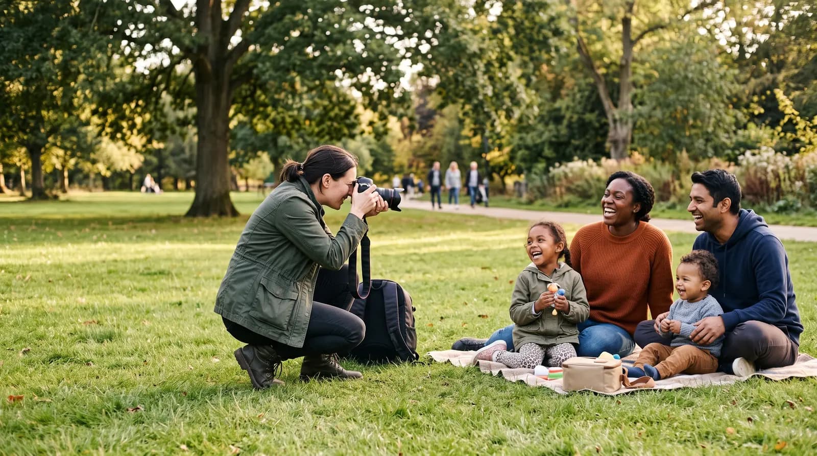 A photographer crouching to photograph a young family laughing together in a sunlit park