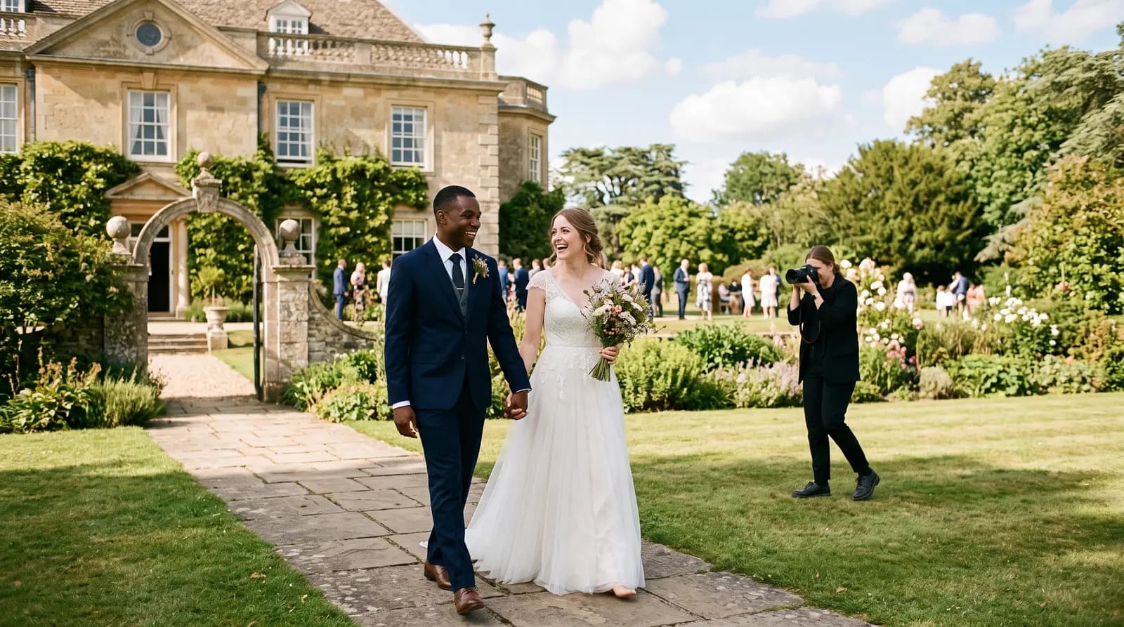 A photographer capturing a bride and groom walking hand in hand outside a UK venue