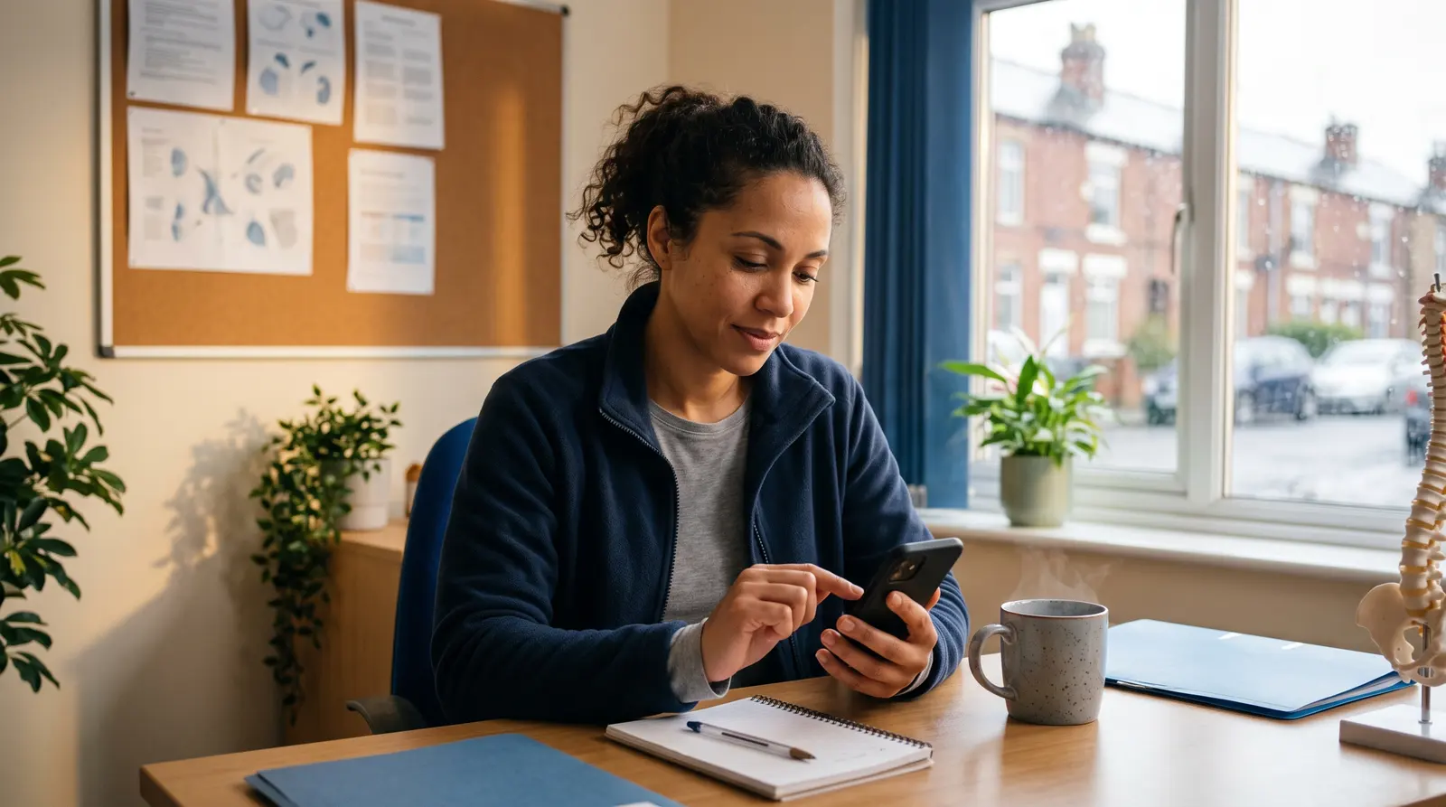 A physiotherapist at a tidy desk between clients, checking her phone