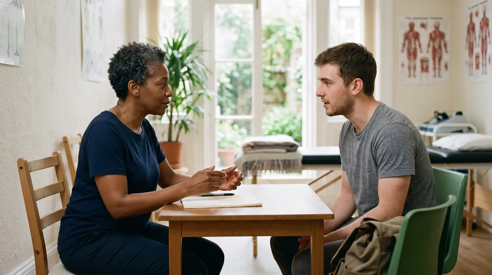 A physiotherapist talking through an assessment with a new client at a small table