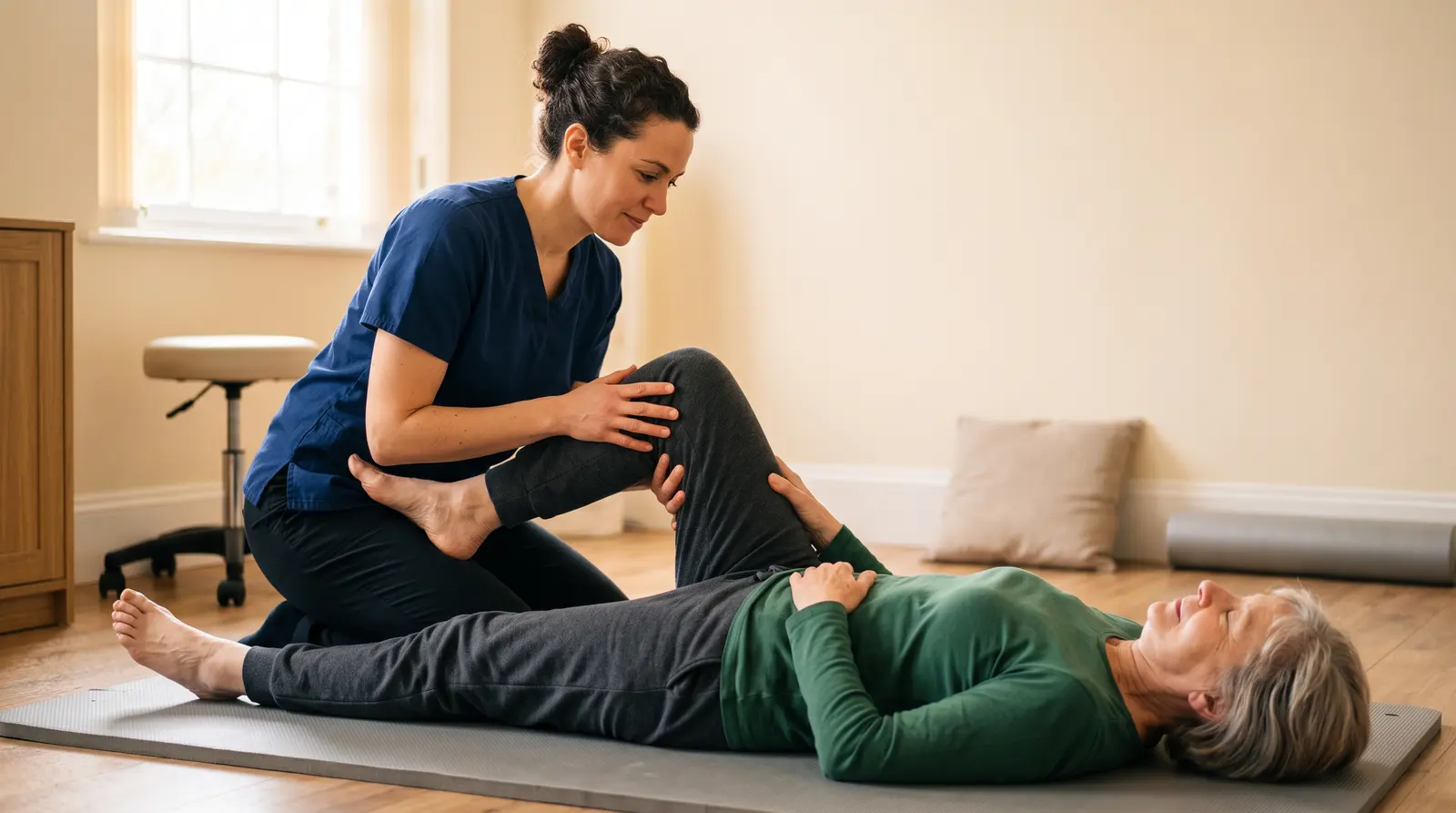 A physiotherapist demonstrating a gentle stretch to a client on a mat
