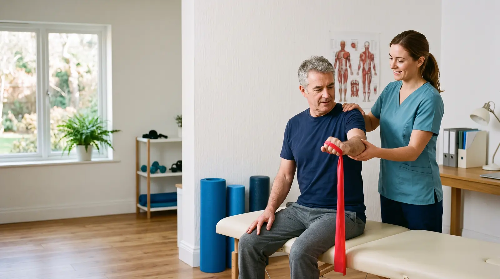 A physiotherapist guiding a client through a shoulder exercise in a bright, calm clinic room