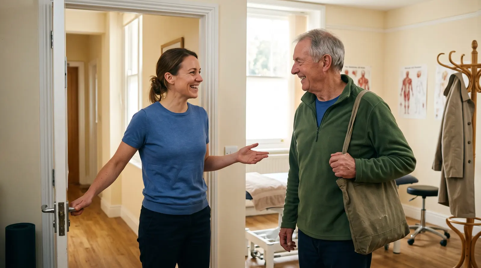 A physiotherapist welcoming a returning client into a bright clinic room