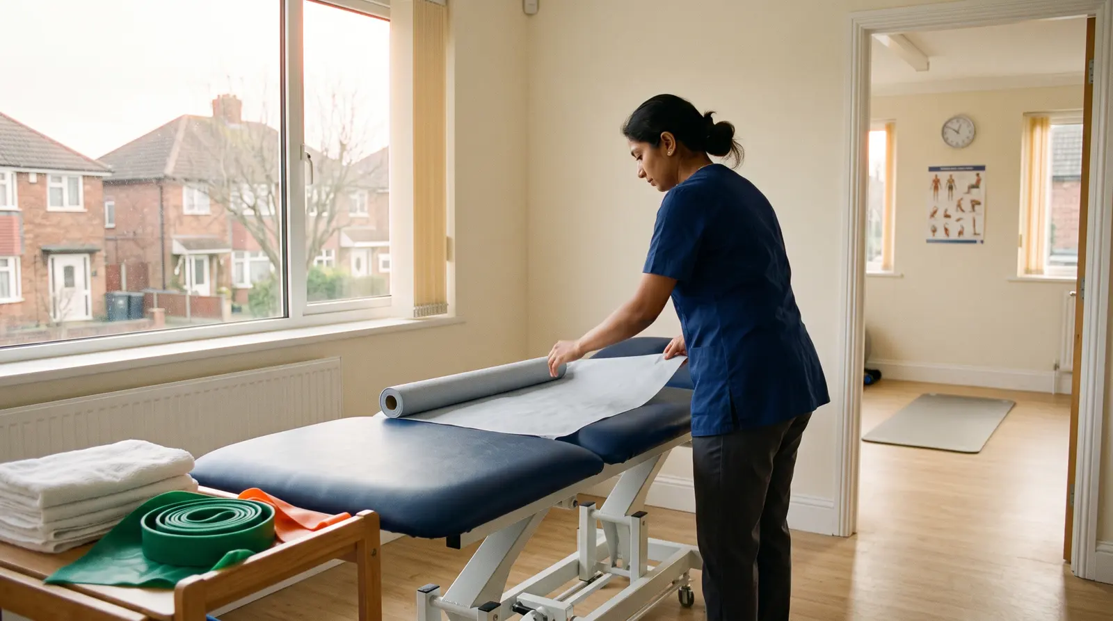 A physiotherapist preparing a treatment couch and resistance bands in a tidy clinic room