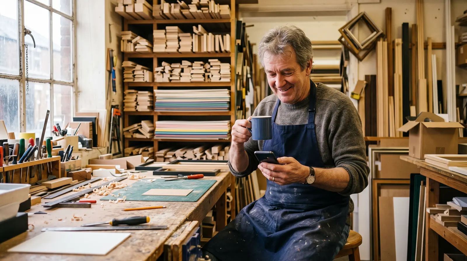 A picture framer checking his phone on a break with a cup of tea, mount board and tools on the bench, screen not visible