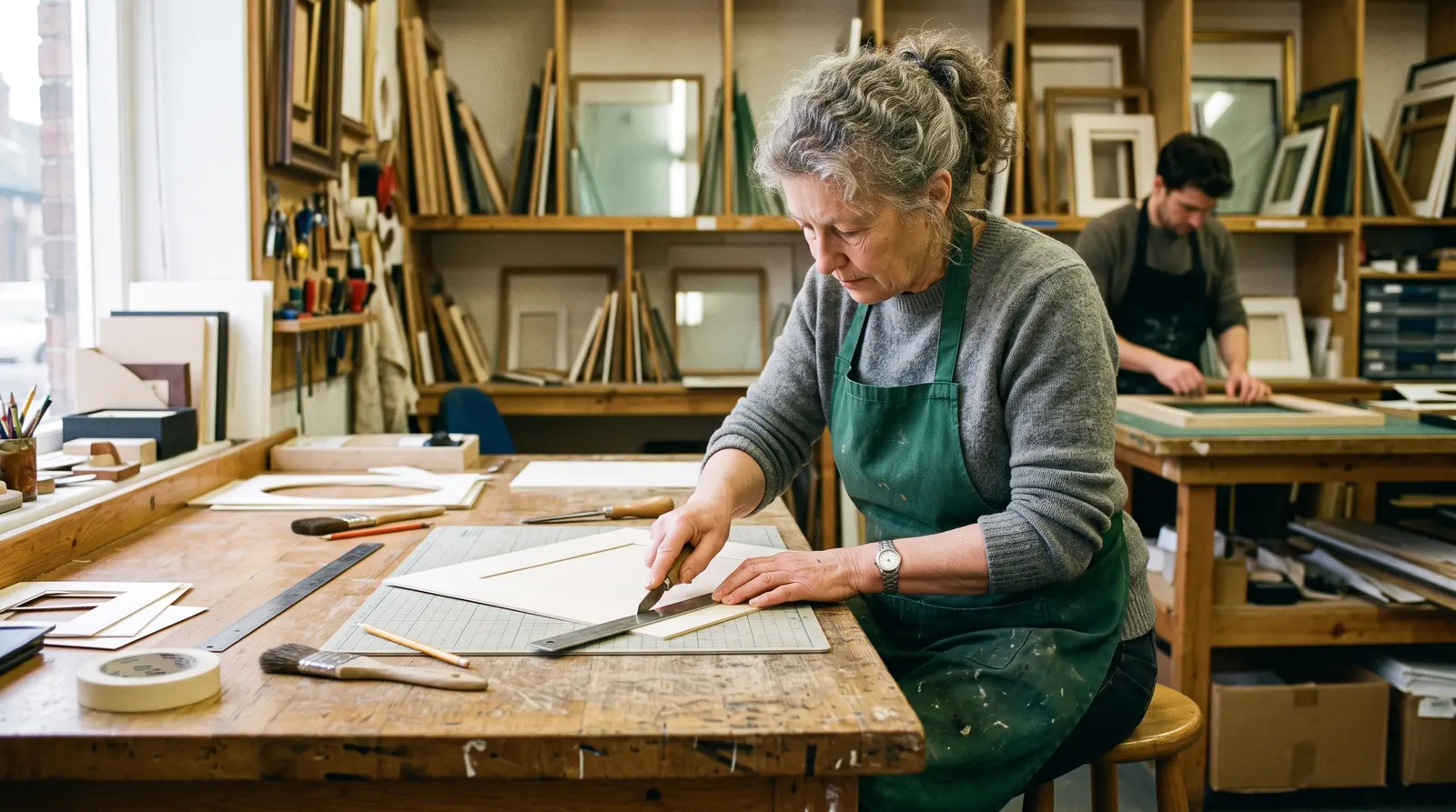 A picture framer cutting a mount to size on the bench, lengths of moulding and glass laid out beside him