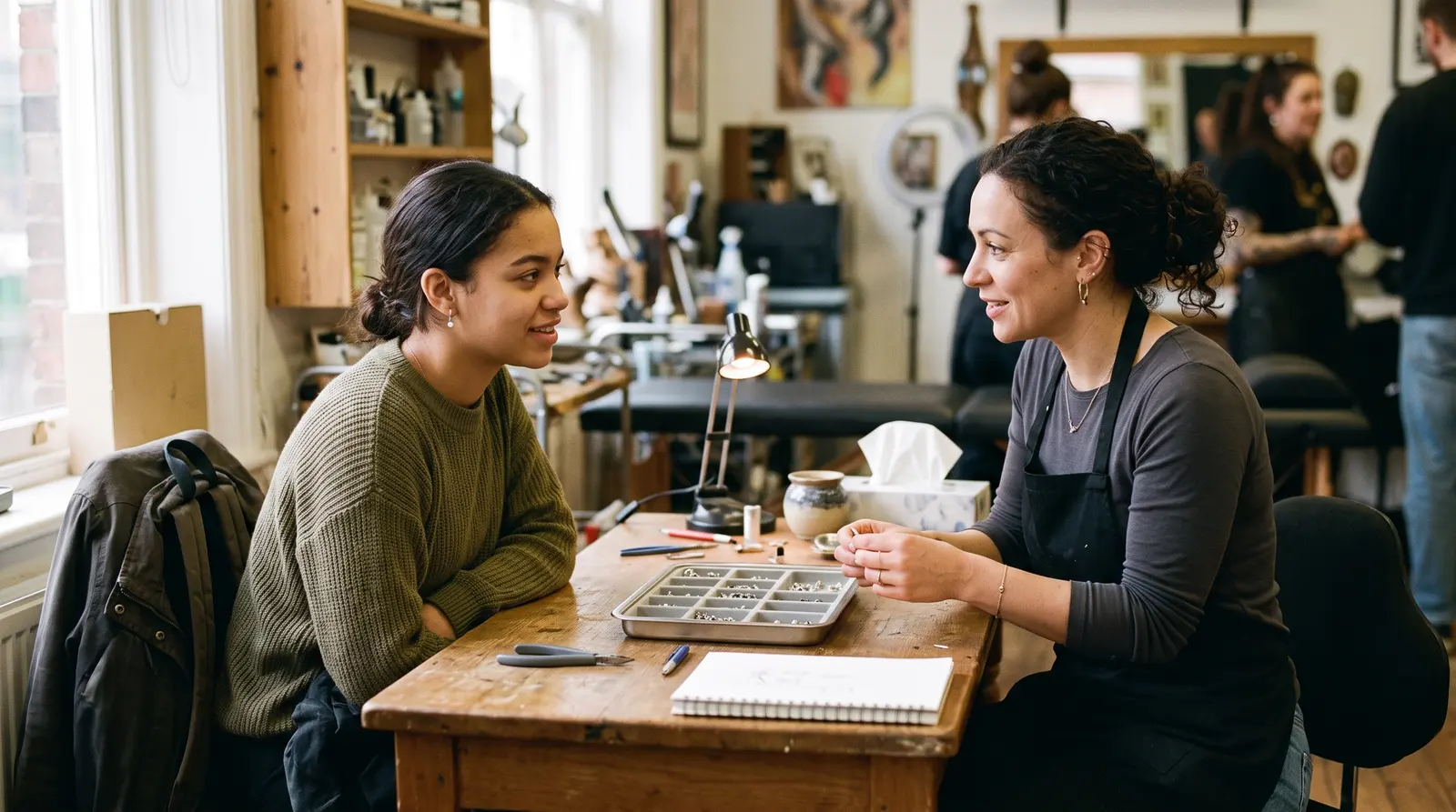 A piercer talking with a new client about placement and jewellery at a desk in a bright studio
