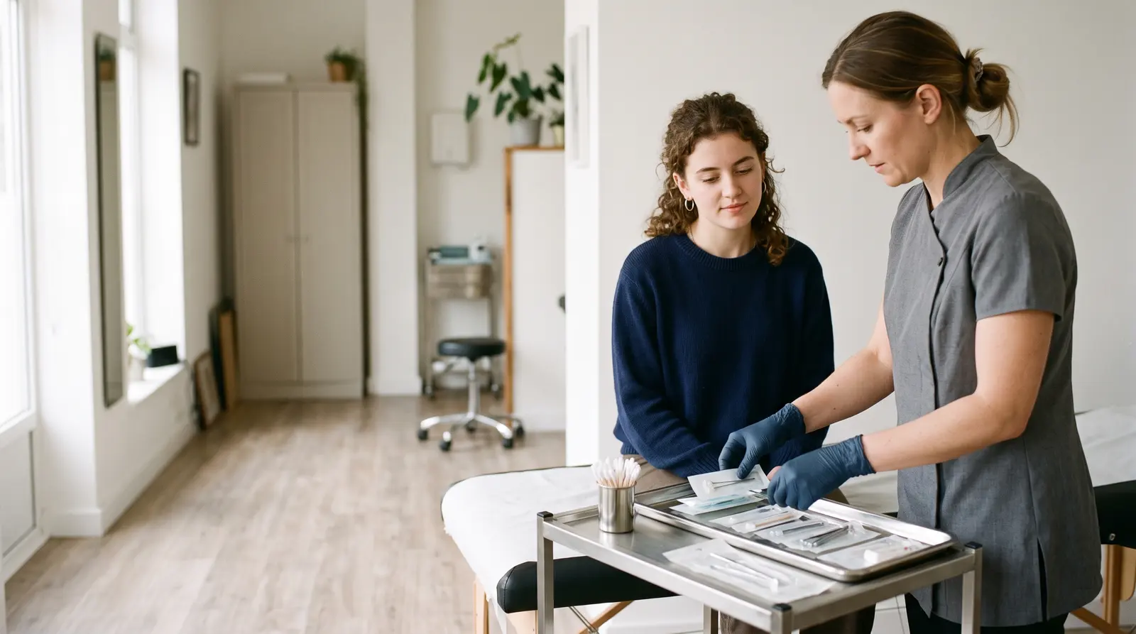 A piercer working carefully with a client in a clean, modern piercing studio