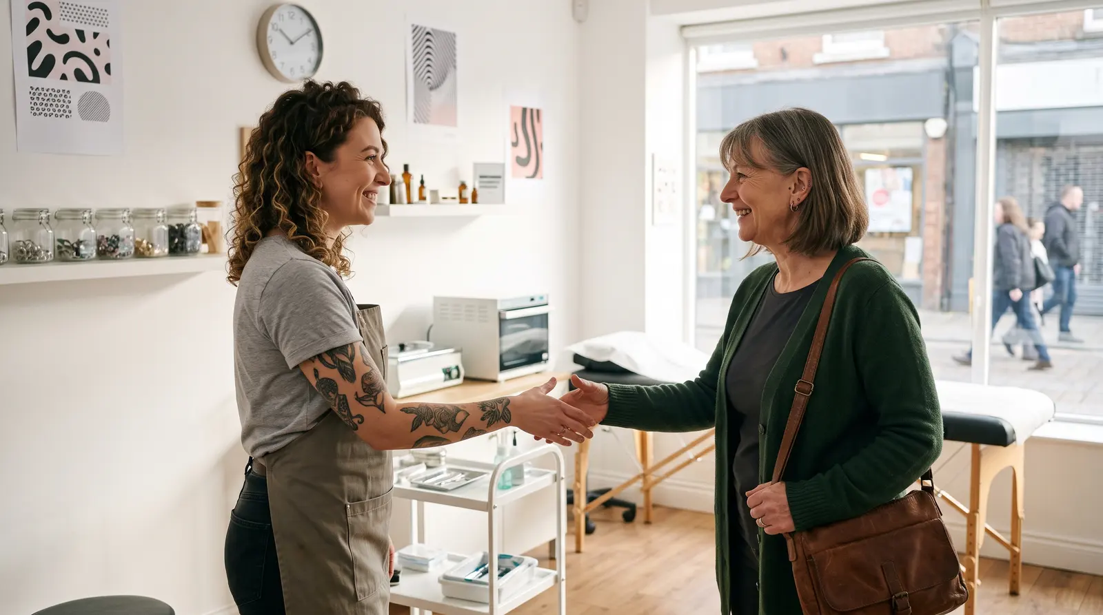 A piercer welcoming a returning client back into the studio with a warm smile