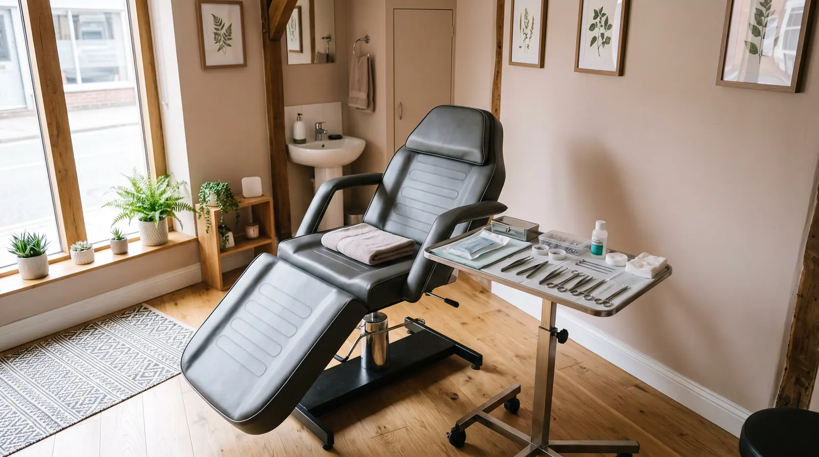 A clean, tidy piercing studio prepared for the next client, tools laid out ready