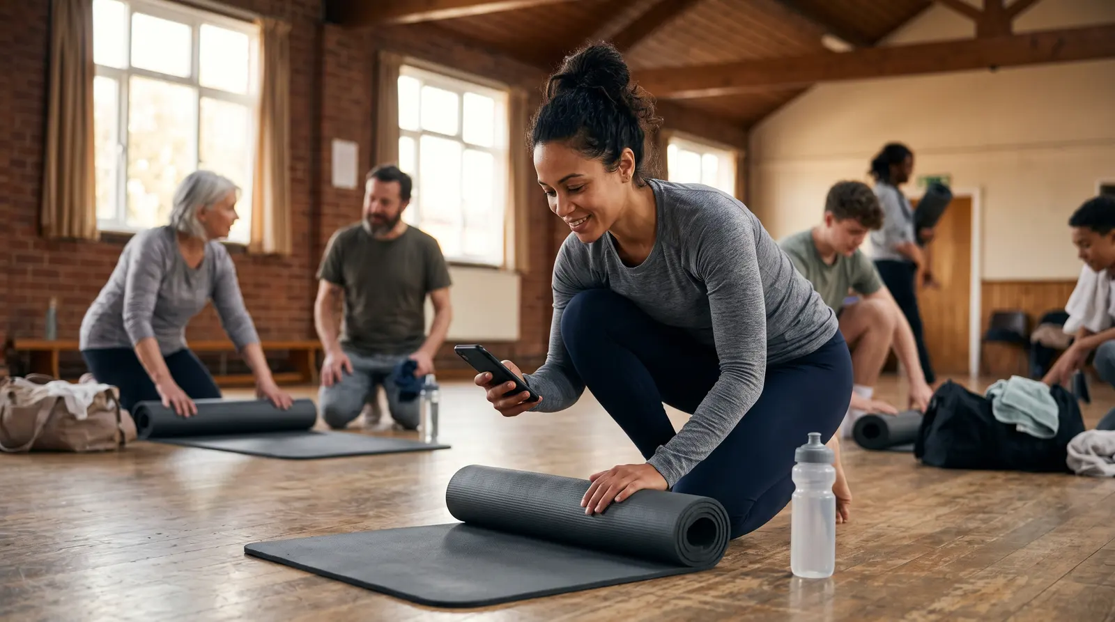 A pilates instructor sitting on a mat after class checking her phone with a cup of tea, screen not visible