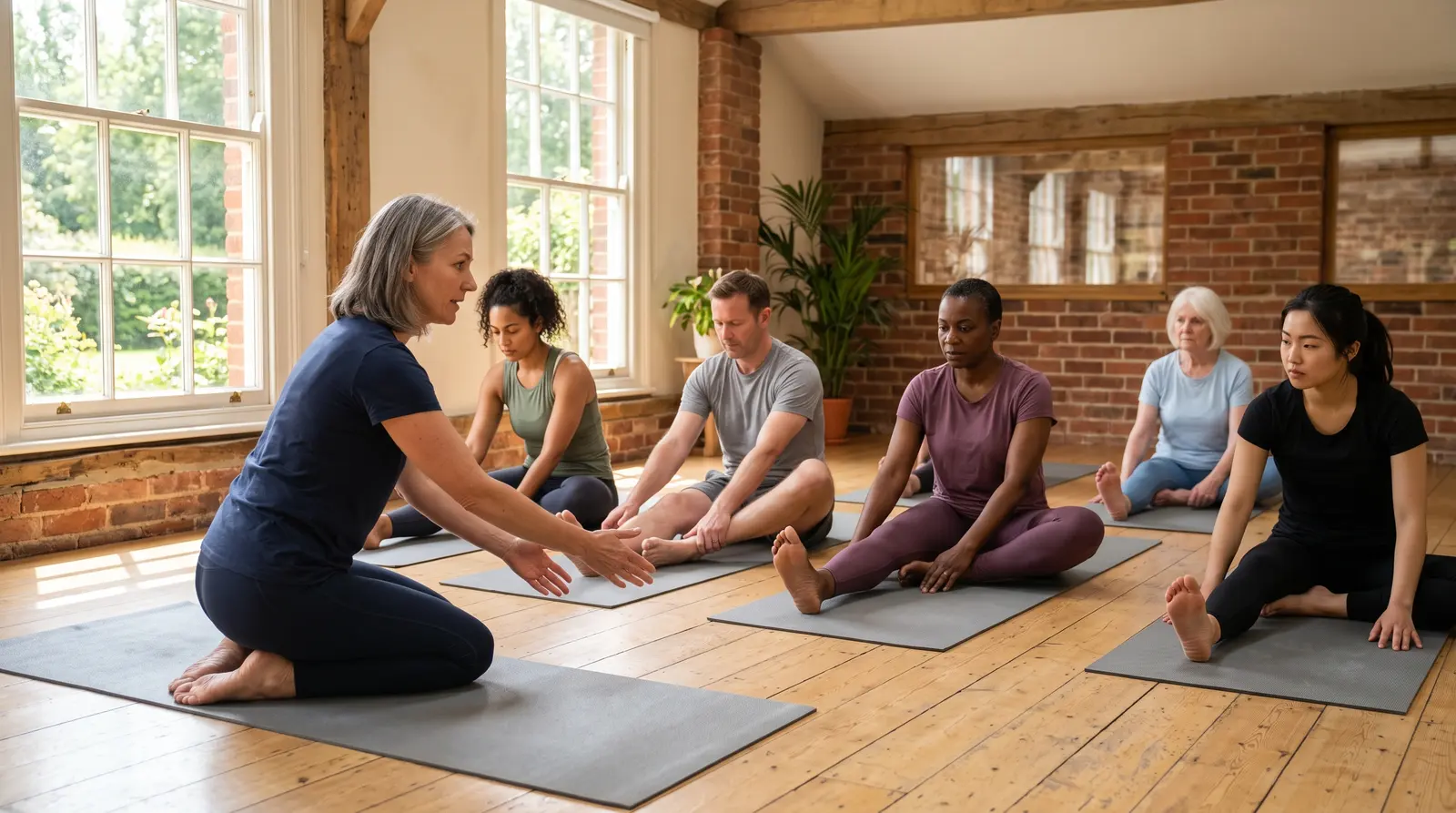 A pilates instructor leading a small group through a stretch on mats in a sunlit studio