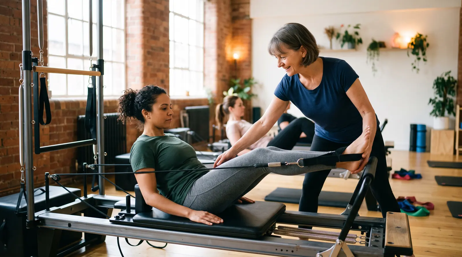 A pilates instructor helping a client on a reformer in a calm studio